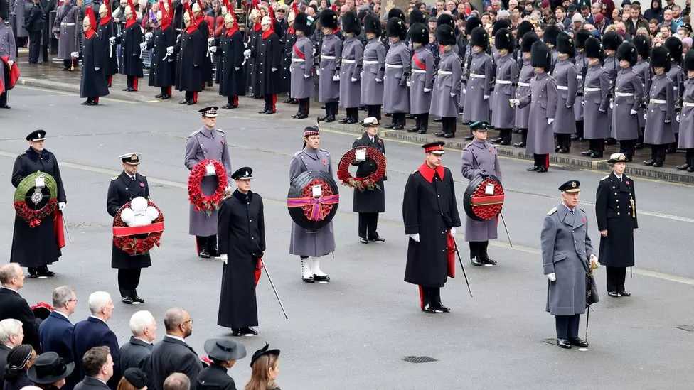 Members of the Royal Family followed the King in laying wreaths at the Cenotaph