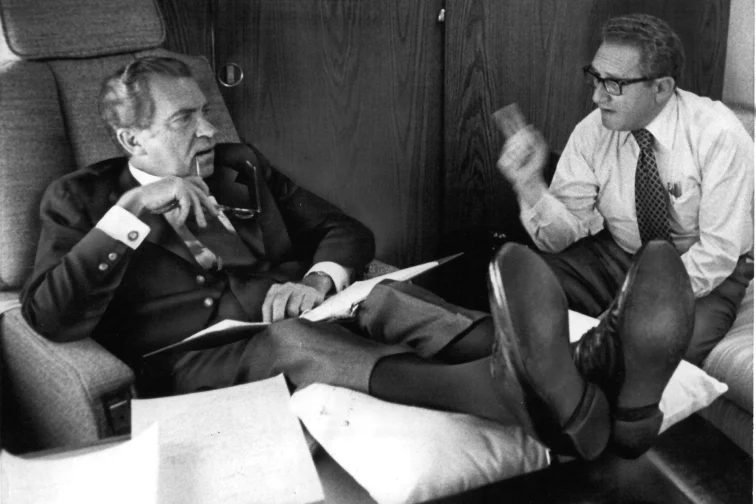 President Nixon and Henry Kissinger, his national security adviser and secretary of state, aboard Air Force One as it headed to Brussels on June 26, 1970.
