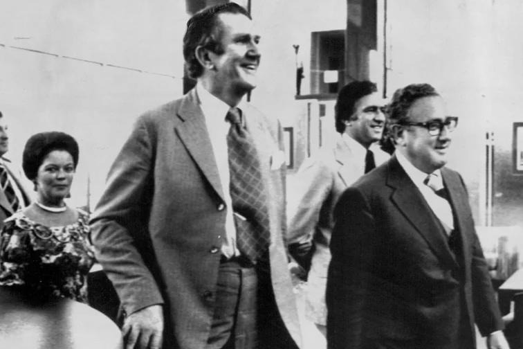 Henry Kissinger escorts then Australian prime minister Malcom Fraser through the lobby of the State Department in Washington in 1976.