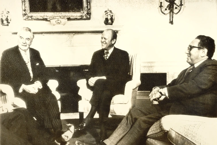 The Australian prime minister Gough Whitlam meets US president Gerald Ford and Henry Kissinger at the White House in 1974.