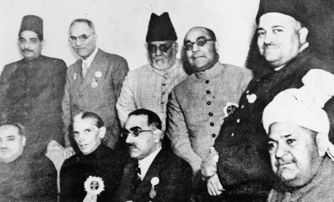 Jinnah (front, left) with the Working Committee of the Muslim League after a meeting in Lucknow, October 1937