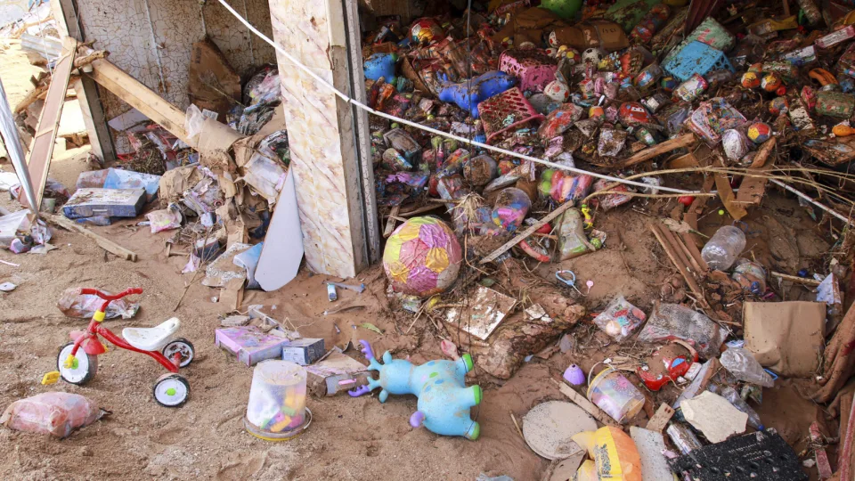 Toys are seen in a flood damaged store in Derna, on September 11.After the flood Libyan mortuaries are recovering