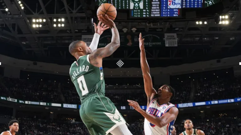 New Bucks star Damian Lillard scores 39 points in a triumph over the Sixers.